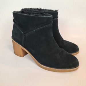 UGG Kasen Black Suede Sheepskin Lined Block Heel Ankle Boots Womens 10 Bootie